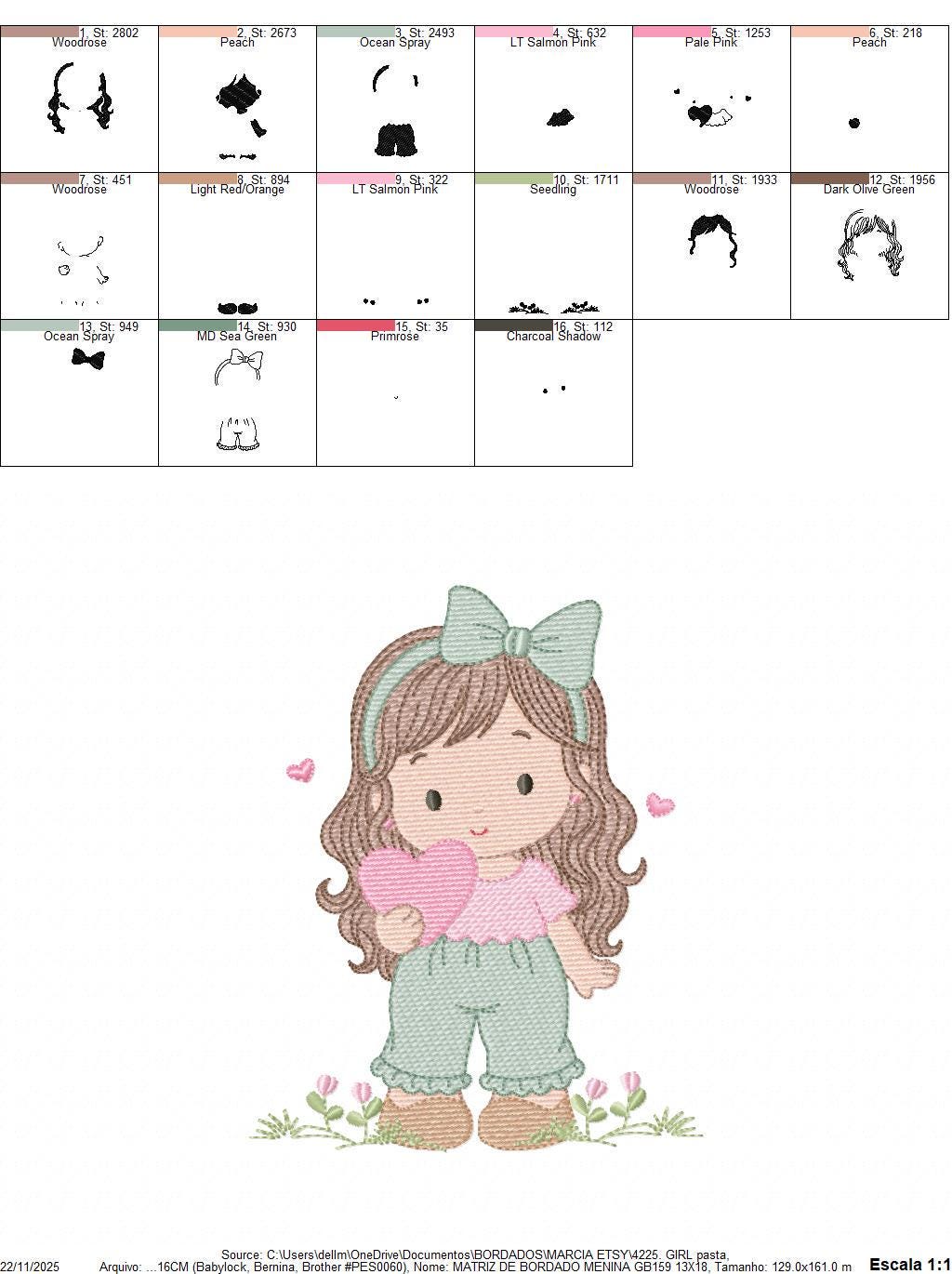 Baby girl embroidery designs - Girl with long hair and heart machine embroidery pattern - Princess with flower - Instant download pes jef