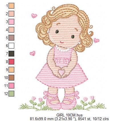 Girl with curly hair and flowers embroidery designs - Princess machine embroidery pattern - Girl with lace and hearts - Instant download pes