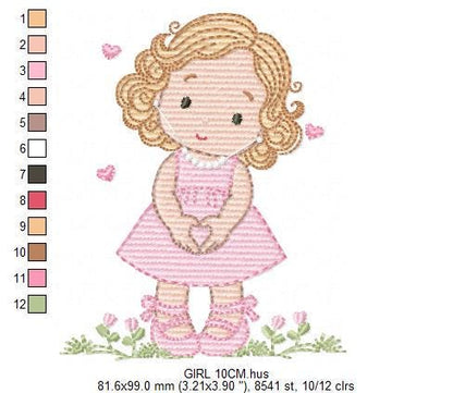 Girl with curly hair and flowers embroidery designs - Princess machine embroidery pattern - Girl with lace and hearts - Instant download pes