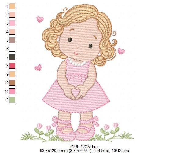 Girl with curly hair and flowers embroidery designs - Princess machine embroidery pattern - Girl with lace and hearts - Instant download pes
