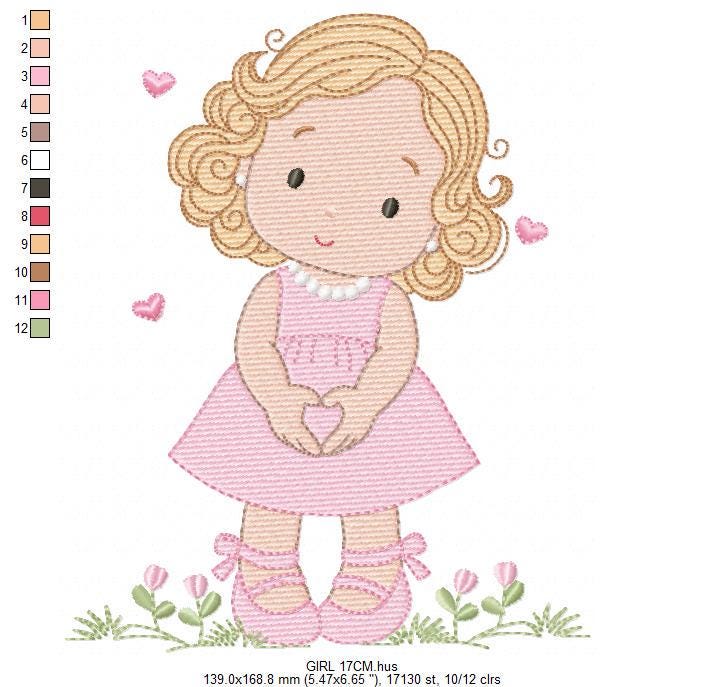 Girl with curly hair and flowers embroidery designs - Princess machine embroidery pattern - Girl with lace and hearts - Instant download pes
