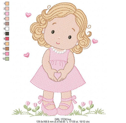 Girl with curly hair and flowers embroidery designs - Princess machine embroidery pattern - Girl with lace and hearts - Instant download pes