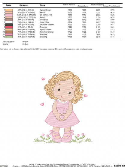 Girl with curly hair and flowers embroidery designs - Princess machine embroidery pattern - Girl with lace and hearts - Instant download pes