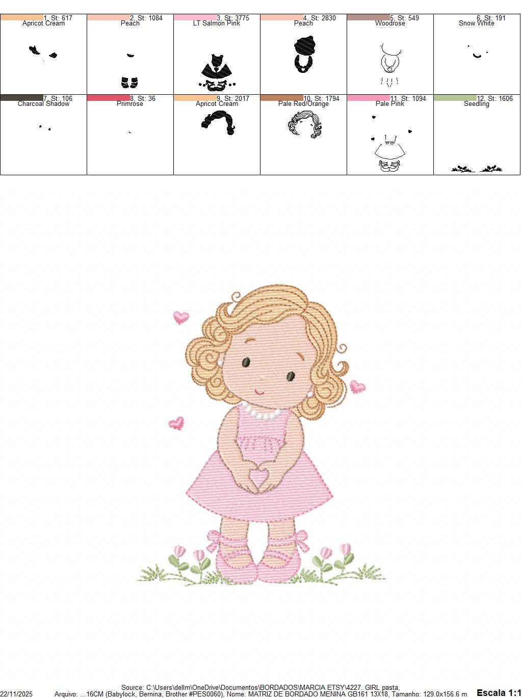 Girl with curly hair and flowers embroidery designs - Princess machine embroidery pattern - Girl with lace and hearts - Instant download pes