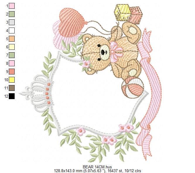 Monogram Frame Girl Bear embroidery designs - Laurel Teddy Bear machine embroidery pattern - Baby Bear Bear Wreath file - Instant download
