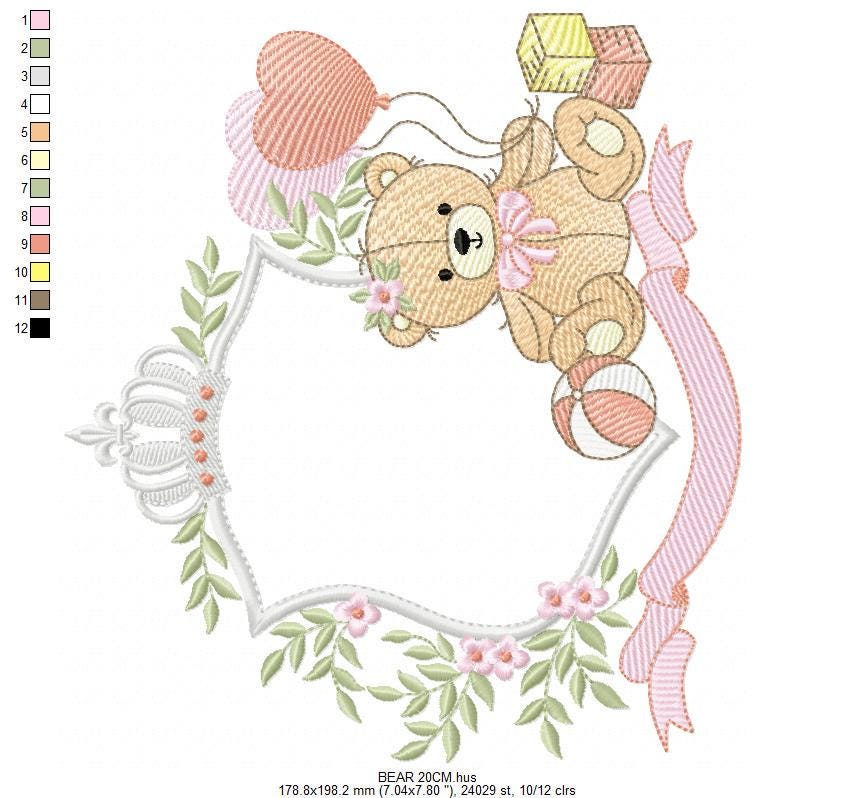 Monogram Frame Girl Bear embroidery designs - Laurel Teddy Bear machine embroidery pattern - Baby Bear Bear Wreath file - Instant download