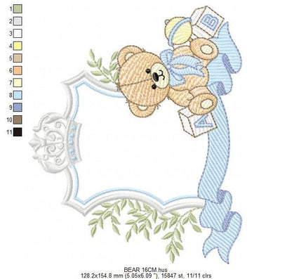Monogram Frame Male Bear embroidery designs - Laurel Teddy Bear machine embroidery pattern - Baby Bear Bear Wreath file - Instant download