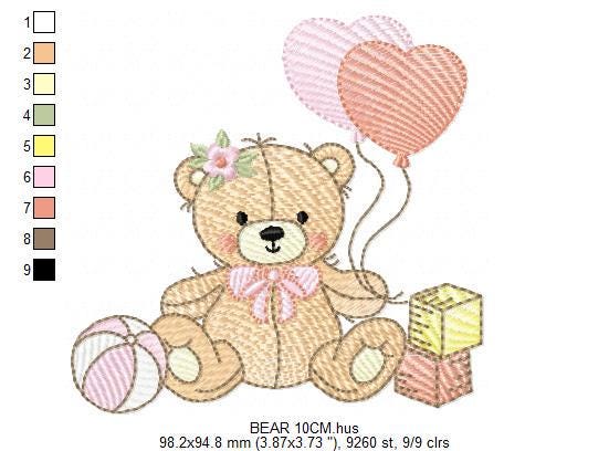 Birthday Bear with balloons embroidery designs - Baby Girl Bear with toys machine embroidery pattern - Instant digital download pes jef dst
