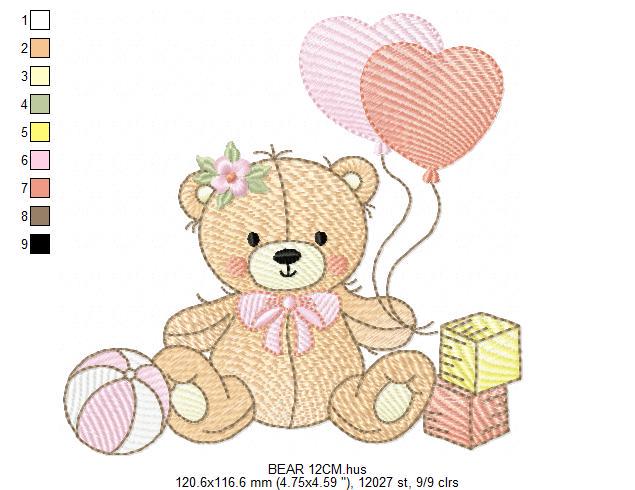 Birthday Bear with balloons embroidery designs - Baby Girl Bear with toys machine embroidery pattern - Instant digital download pes jef dst