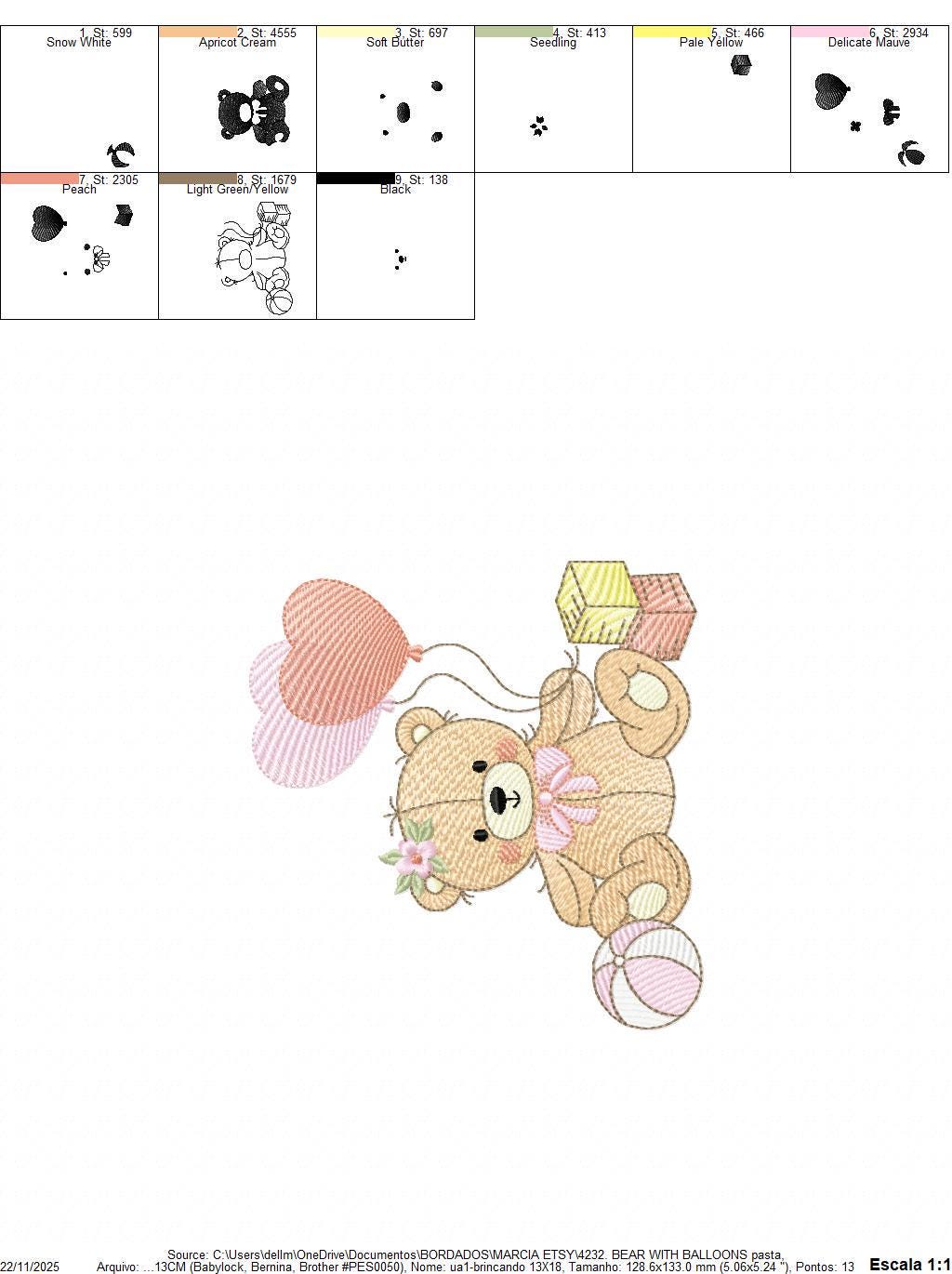 Birthday Bear with balloons embroidery designs - Baby Girl Bear with toys machine embroidery pattern - Instant digital download pes jef dst