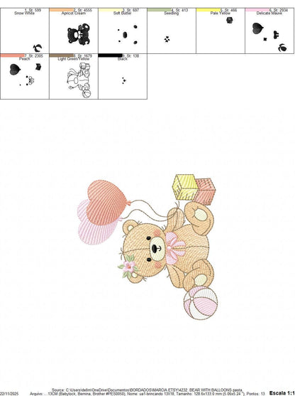 Birthday Bear with balloons embroidery designs - Baby Girl Bear with toys machine embroidery pattern - Instant digital download pes jef dst