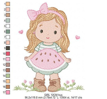 Baby girl embroidery designs - Girl with long hair and lace machine embroidery pattern - Princess with watermelon dress - Instant download