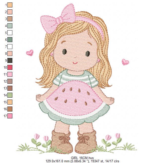 Baby girl embroidery designs - Girl with long hair and lace machine embroidery pattern - Princess with watermelon dress - Instant download