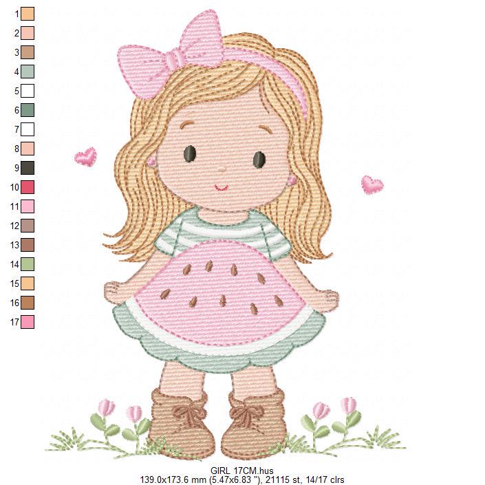 Baby girl embroidery designs - Girl with long hair and lace machine embroidery pattern - Princess with watermelon dress - Instant download