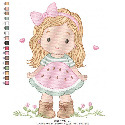 Baby girl embroidery designs - Girl with long hair and lace machine embroidery pattern - Princess with watermelon dress - Instant download