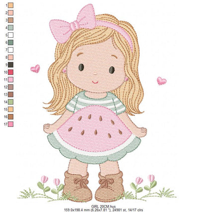 Baby girl embroidery designs - Girl with long hair and lace machine embroidery pattern - Princess with watermelon dress - Instant download