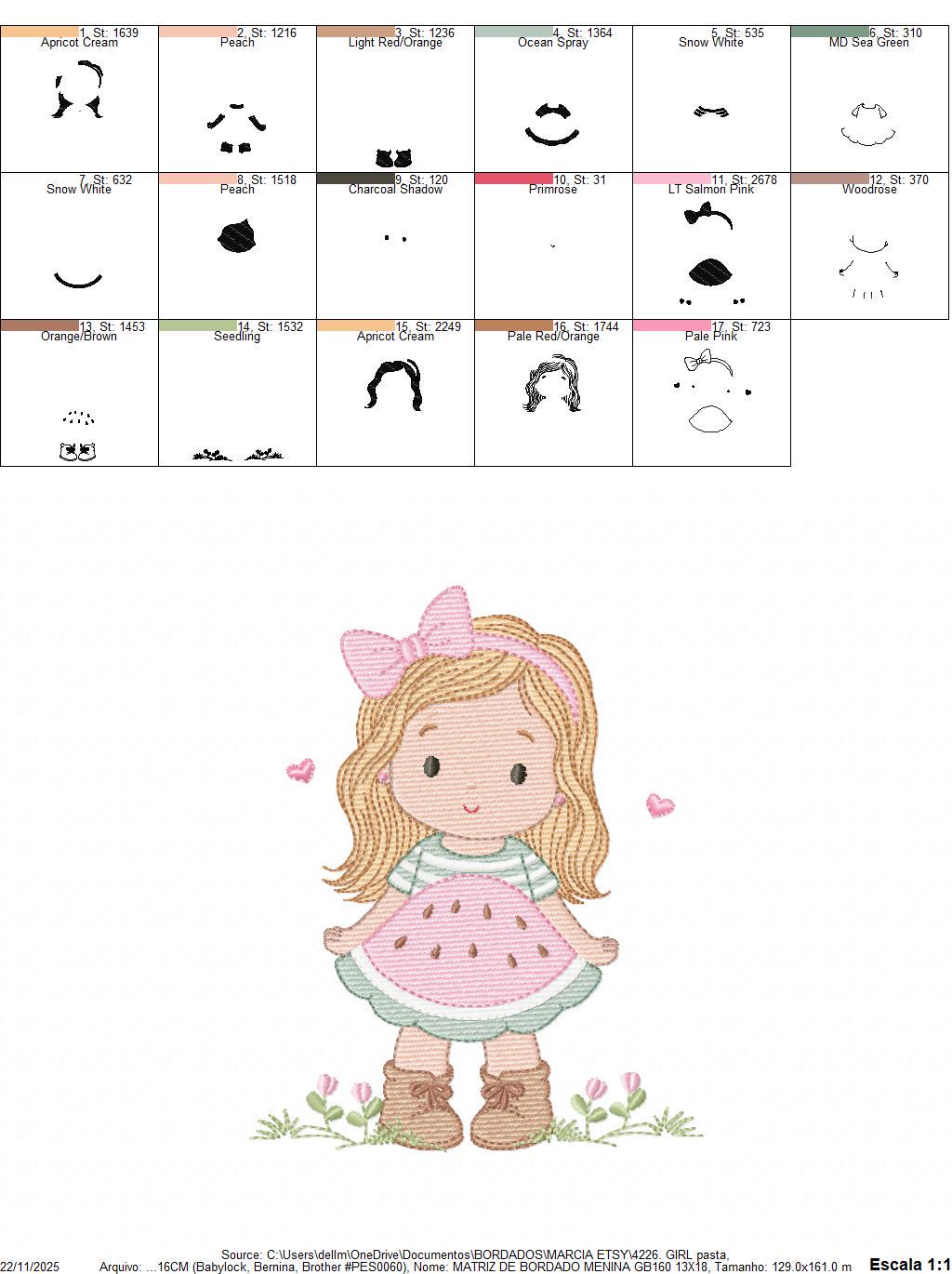Baby girl embroidery designs - Girl with long hair and lace machine embroidery pattern - Princess with watermelon dress - Instant download