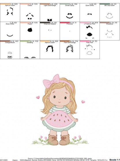 Baby girl embroidery designs - Girl with long hair and lace machine embroidery pattern - Princess with watermelon dress - Instant download