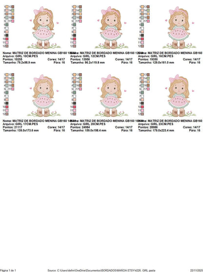 Baby girl embroidery designs - Girl with long hair and lace machine embroidery pattern - Princess with watermelon dress - Instant download