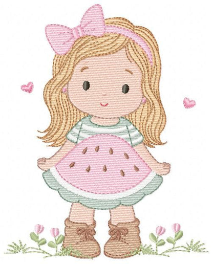 Baby girl embroidery designs - Girl with long hair and lace machine embroidery pattern - Princess with watermelon dress - Instant download