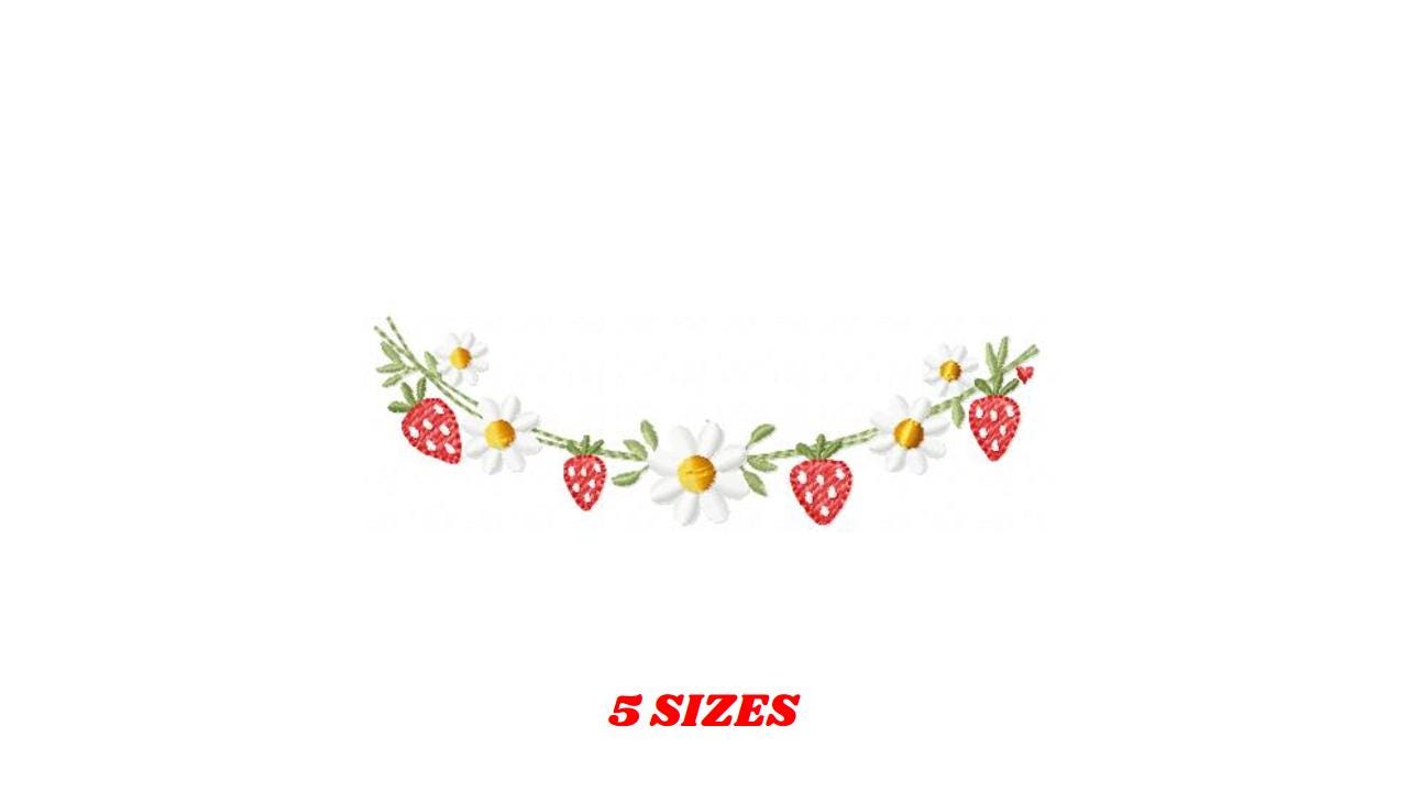 Daisies and Strawberries line embroidery designs - Flower Divider machine embroidery pattern - Floral Kitchen towel - Instant download pes