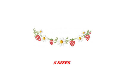 Daisies and Strawberries line embroidery designs - Flower Divider machine embroidery pattern - Floral Kitchen towel - Instant download pes