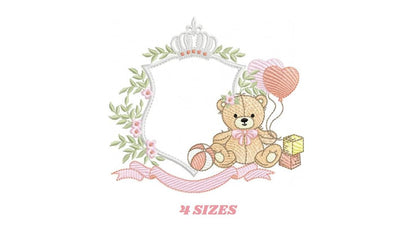 Monogram Frame Girl Bear embroidery designs - Laurel Teddy Bear machine embroidery pattern - Baby Bear Bear Wreath file - Instant download