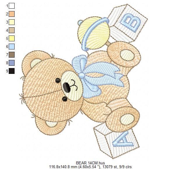 Bear with toys and baby rattle embroidery designs - Boy Bear machine embroidery pattern - Instant digital download pes jef dst hus vp3 xxx
