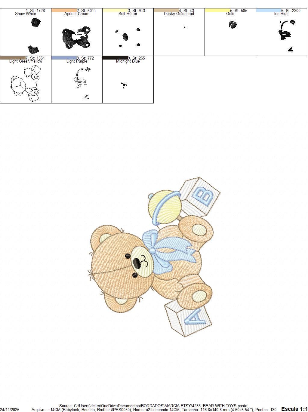 Bear with toys and baby rattle embroidery designs - Boy Bear machine embroidery pattern - Instant digital download pes jef dst hus vp3 xxx