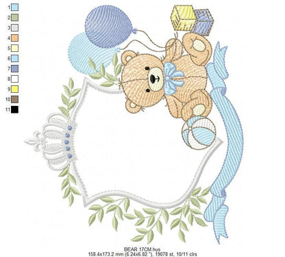 Bear with toys embroidery designs - Baby boy Bear with monogram frame machine embroidery pattern - Instant digital download pes jef dst hus