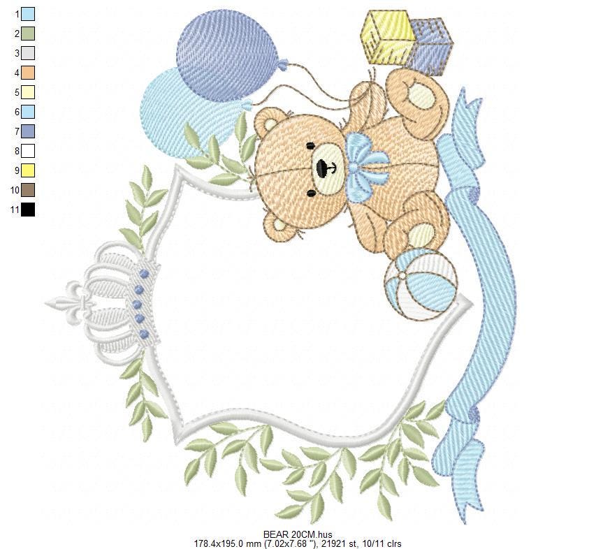Bear with toys embroidery designs - Baby boy Bear with monogram frame machine embroidery pattern - Instant digital download pes jef dst hus