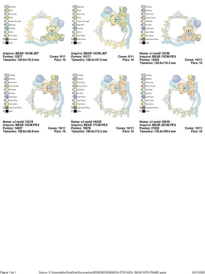 Bear with toys embroidery designs - Baby boy Bear with monogram frame machine embroidery pattern - Instant digital download pes jef dst hus