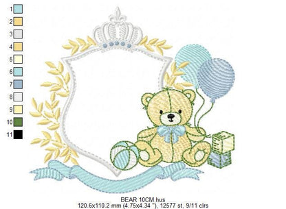 Bear with toys embroidery designs - Baby boy Bear with monogram frame machine embroidery pattern - Instant digital download pes jef dst hus