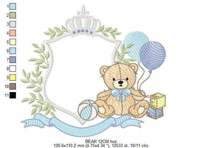 Bear with toys embroidery designs - Baby boy Bear with monogram frame machine embroidery pattern - Instant digital download pes jef dst hus