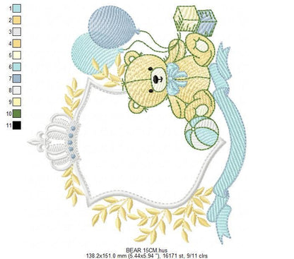 Bear with toys embroidery designs - Baby boy Bear with monogram frame machine embroidery pattern - Instant digital download pes jef dst hus