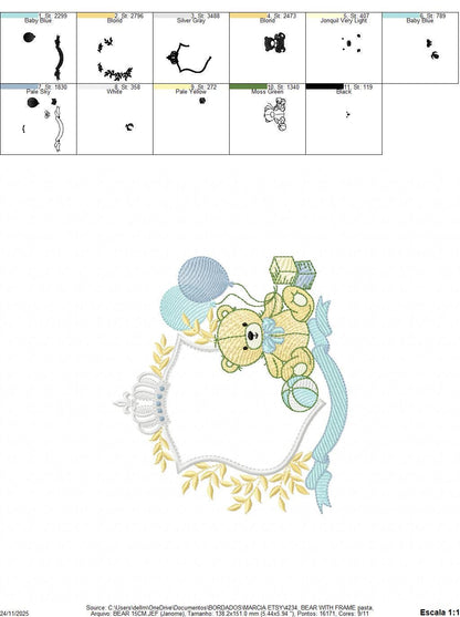 Bear with toys embroidery designs - Baby boy Bear with monogram frame machine embroidery pattern - Instant digital download pes jef dst hus