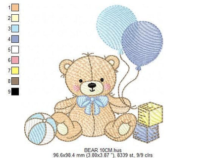 Party Bear with toys embroidery designs - Baby Boy Bear with balloons machine embroidery pattern - Instant digital download pes jef dst hus
