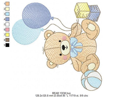 Party Bear with toys embroidery designs - Baby Boy Bear with balloons machine embroidery pattern - Instant digital download pes jef dst hus