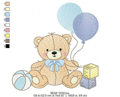 Party Bear with toys embroidery designs - Baby Boy Bear with balloons machine embroidery pattern - Instant digital download pes jef dst hus