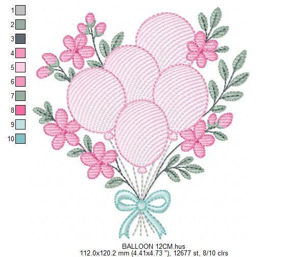 Balloon embroidery design - Pink Balloon bouquet with flowers machine embroidery pattern - Happy Birthday file - Instant download pes jef