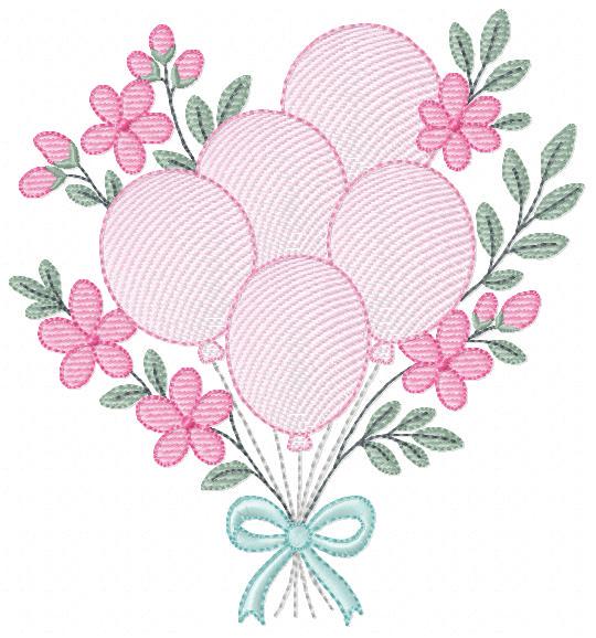 Balloon embroidery design - Pink Balloon bouquet with flowers machine embroidery pattern - Happy Birthday file - Instant download pes jef