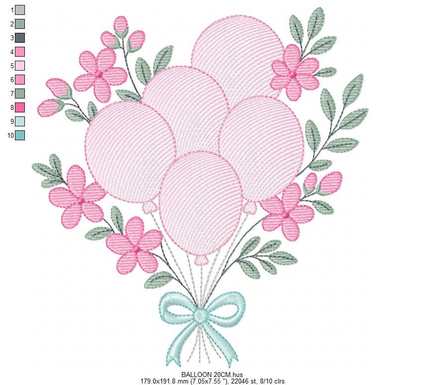 Balloon embroidery design - Pink Balloon bouquet with flowers machine embroidery pattern - Happy Birthday file - Instant download pes jef