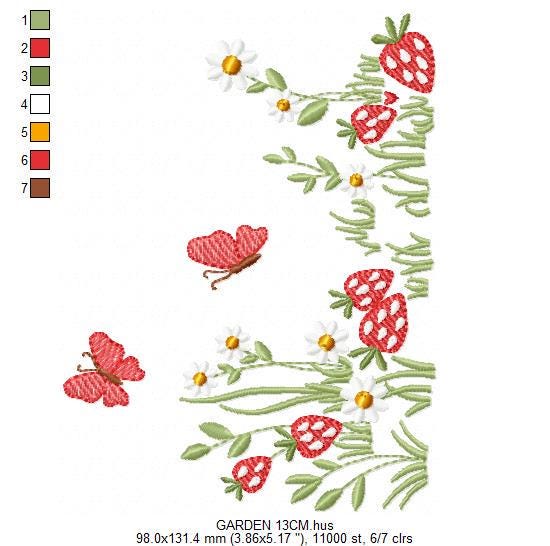 Flower garden embroidery design - Daisies with strawberries and butterflies machine pattern - Kitchen Tea Towel file - Instant download pes