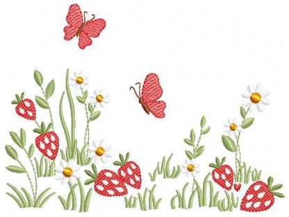 Flower garden embroidery design - Daisies with strawberries and butterflies machine pattern - Kitchen Tea Towel file - Instant download pes