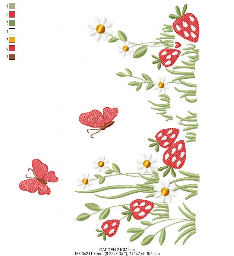 Flower garden embroidery design - Daisies with strawberries and butterflies machine pattern - Kitchen Tea Towel file - Instant download pes