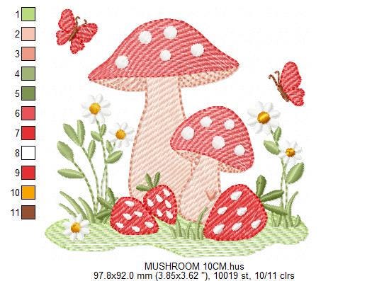 Mushroom with daisies and strawberries embroidery designs - Forest Toad with butterflies machine pattern - Kitchen Towel - Instant download