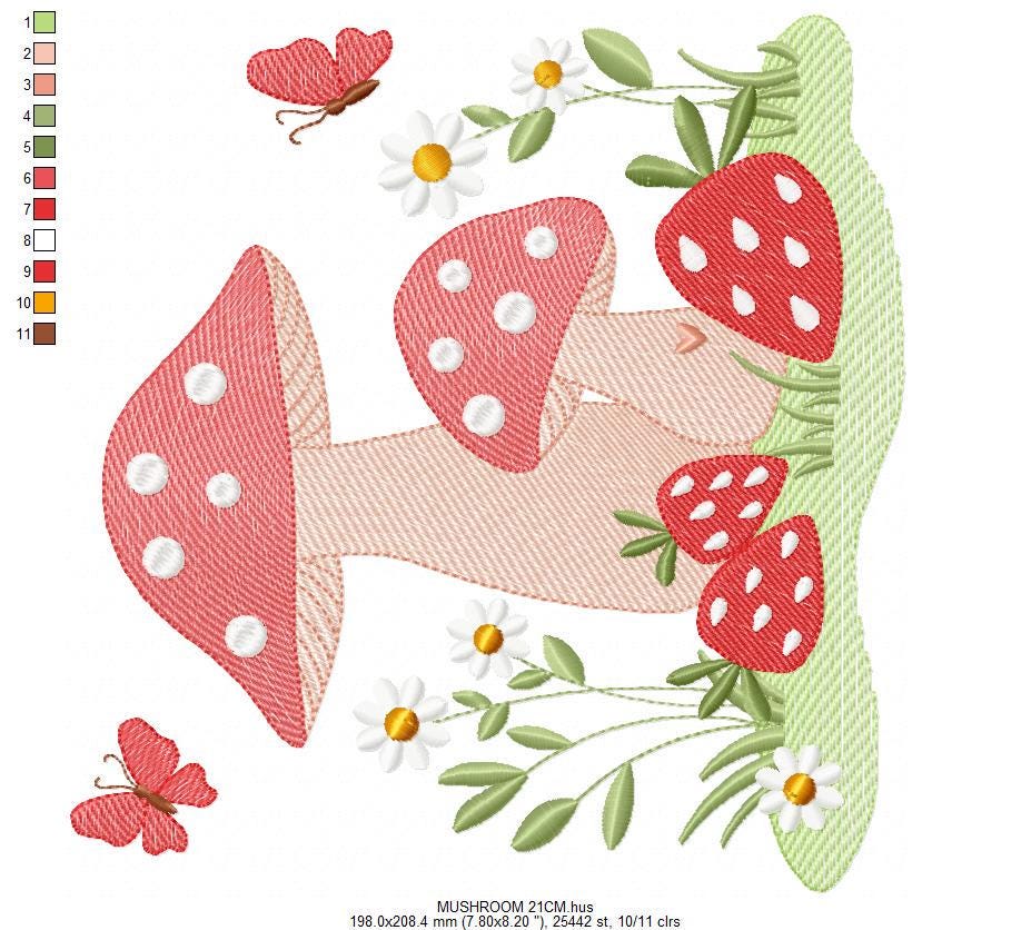 Mushroom with daisies and strawberries embroidery designs - Forest Toad with butterflies machine pattern - Kitchen Towel - Instant download