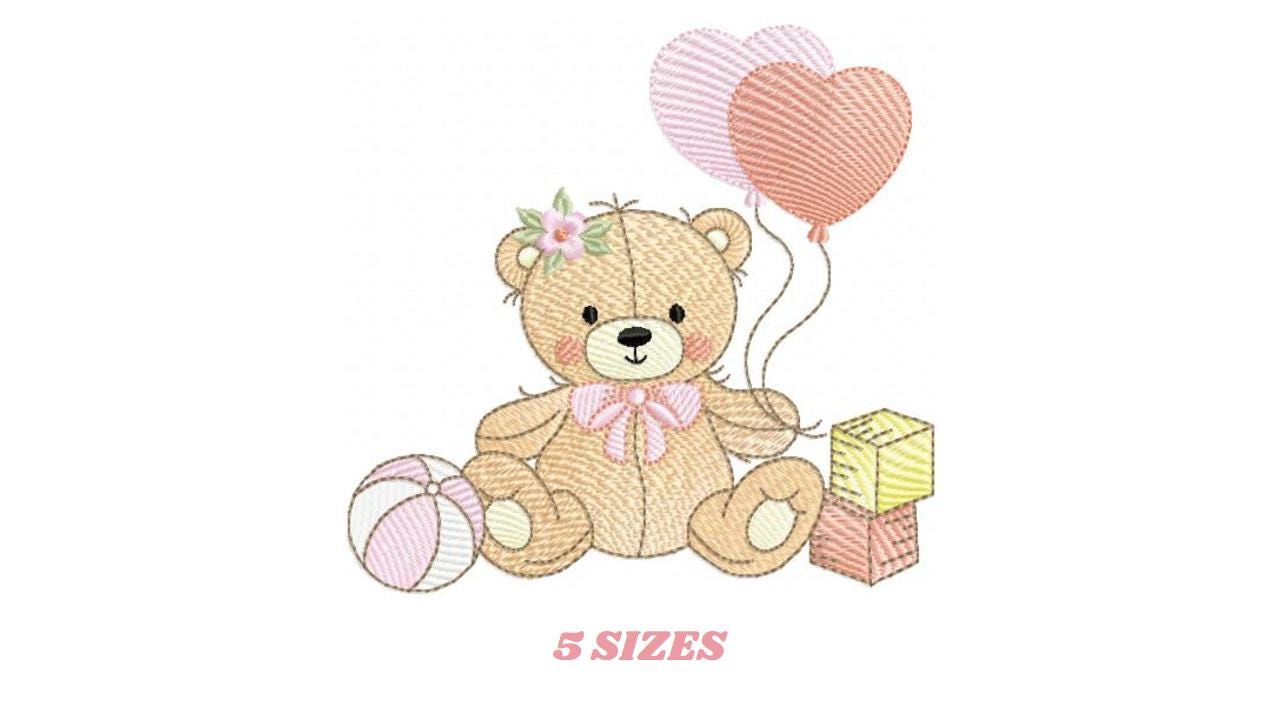 Birthday Bear with balloons embroidery designs - Baby Girl Bear with toys machine embroidery pattern - Instant digital download pes jef dst
