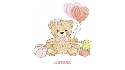 Birthday Bear with balloons embroidery designs - Baby Girl Bear with toys machine embroidery pattern - Instant digital download pes jef dst