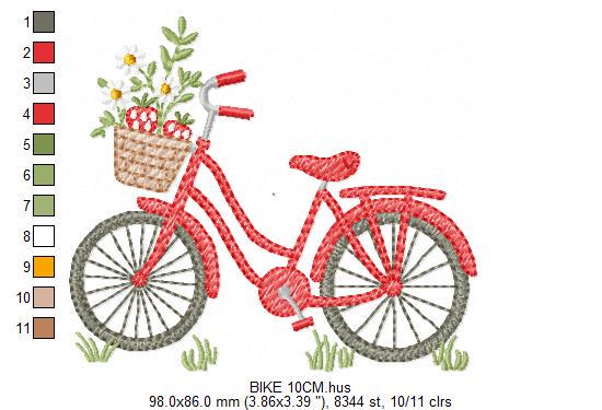 Bike with daisies and strawberries embroidery designs - Bicycle machine embroidery pattern - Baby girl Bike with flowers - Instant download
